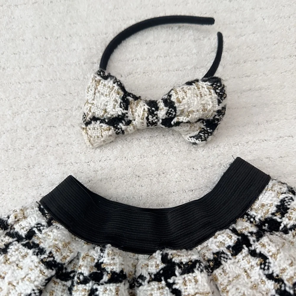 Chic Black and White Plaid Skirt with Headband